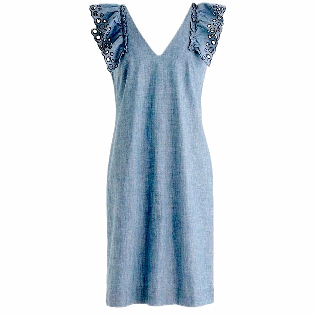 J. Crew Chambray Eyelet Ruffle Sleeve V-Neck sleeveless Sheath Dress Blue 12 - Picture 2 of 10